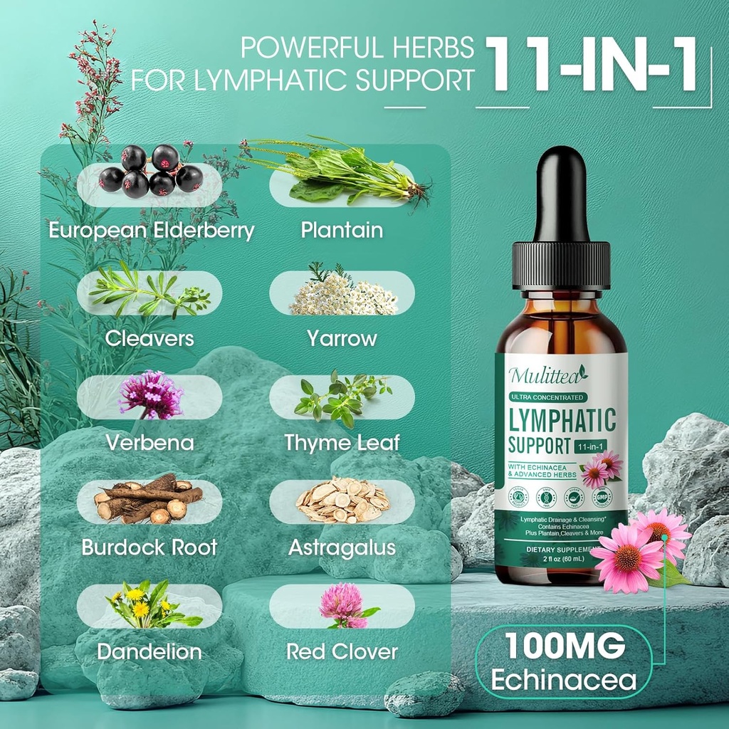 Mulittea Lymphatic Drainage Drops-Vegan 11-in-1 Lymphatic Drainage Supplements-Lymph System Support with Echinacea,Cleavers,Elderberry-Detox Cleanse-Non-GMO -2 fl oz-60 Servings-2 Pack 4