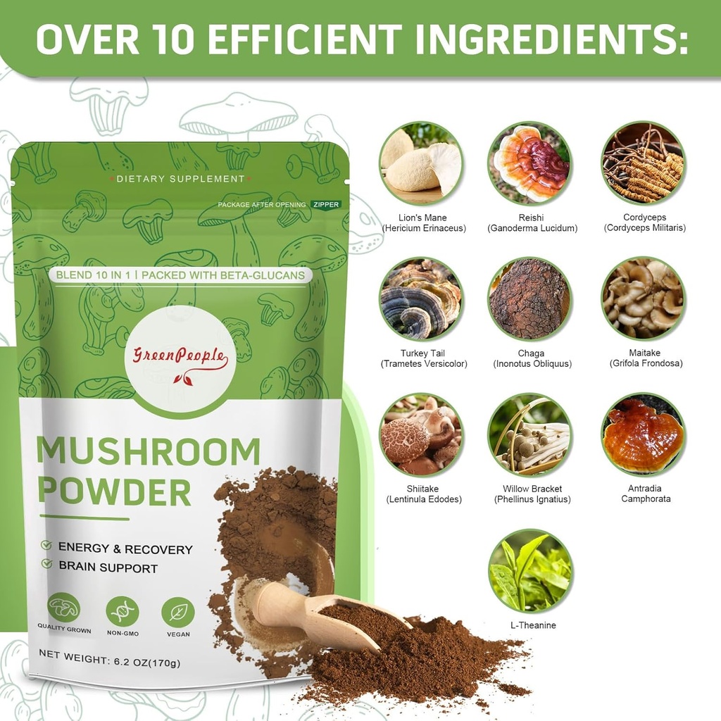 GREENPEOPLE Mushroom Powder Mushroom Supplement - 10-in-1 Mushrooms Lions Mane Powder with Reishi/Cordyceps/Chaga/Turkey Tail/Maitake/Complex for Cognitive Function & Immune Support 60 Servings 3