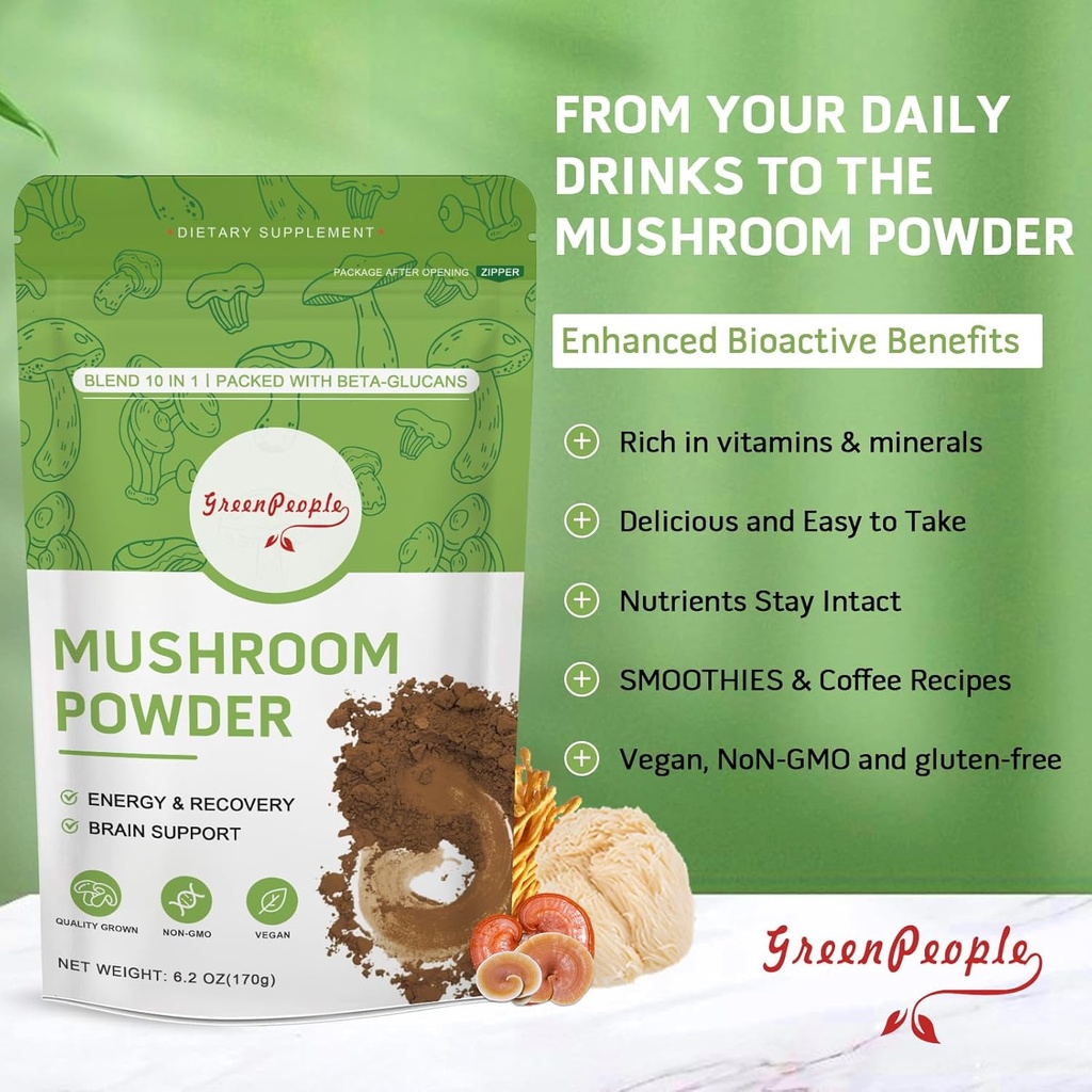 GREENPEOPLE Mushroom Powder Mushroom Supplement - 10-in-1 Mushrooms Lions Mane Powder with Reishi/Cordyceps/Chaga/Turkey Tail/Maitake/Complex for Cognitive Function & Immune Support 60 Servings 4