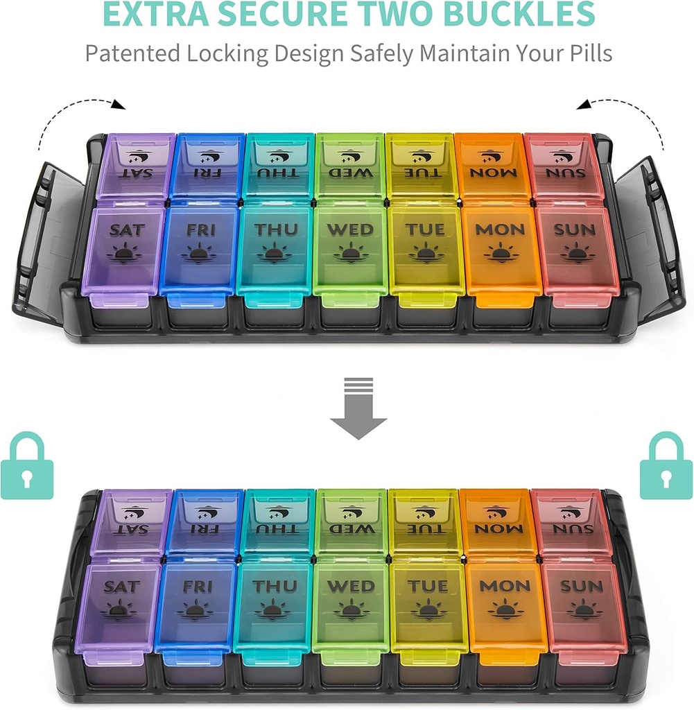 Weekly Pill Organizer 2 Times a Day Large 7 Day Easy Fill 2020 Latest Version NuLeaf AM PM Pill Box Large Daily Pill Cases Medicine Box - Rainbow Black (Patent Registered) 5