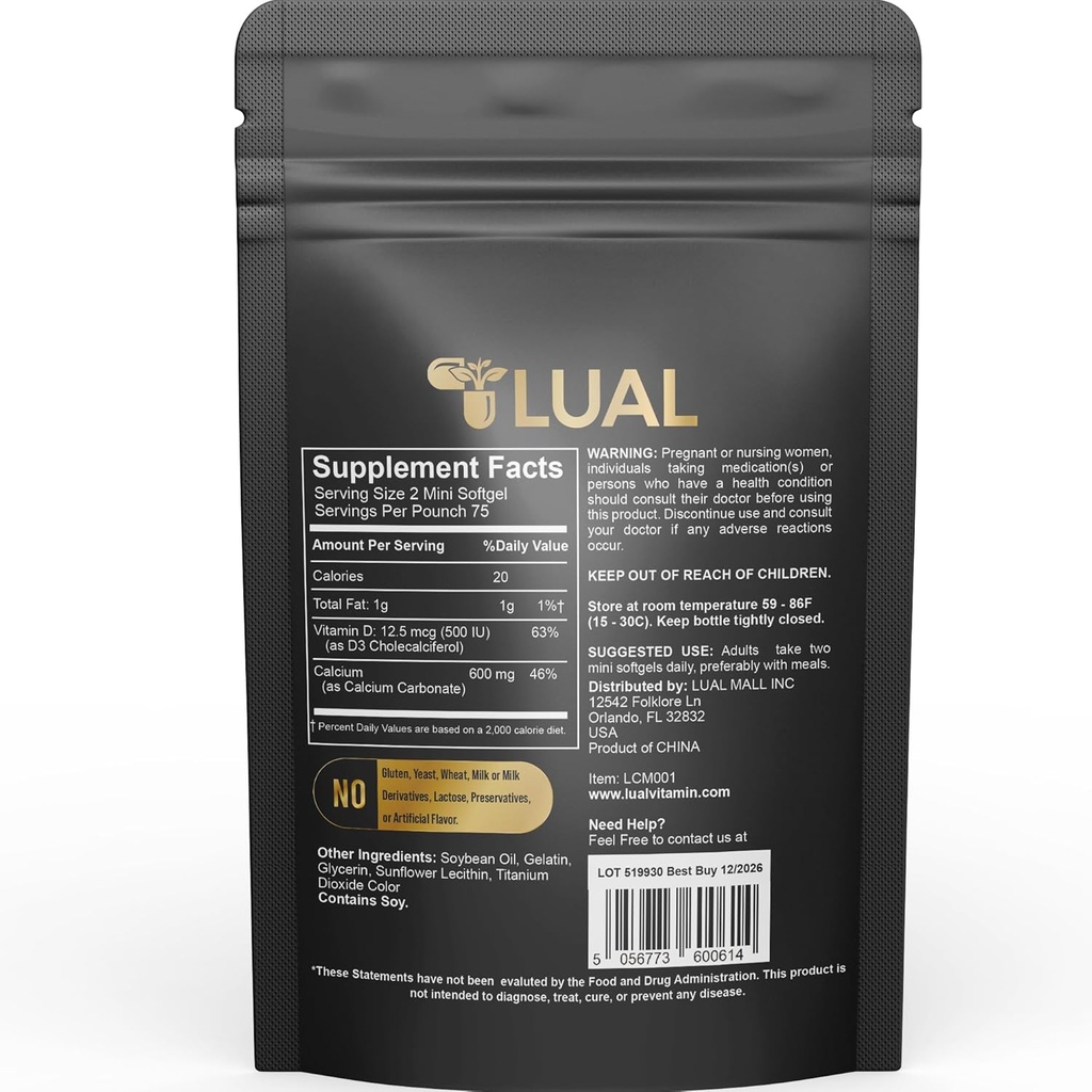 LUAL Calcium Minis 600 mg with Vitamin D3 - Bone & Muscle Support - 150 Mini Softgels - Easy to Swallow - Calcium & D3 for Strong Bones & Mobility 5