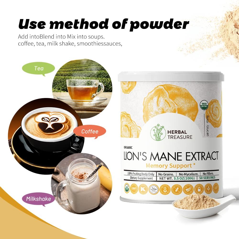 Organic Lions Mane, Non-GMO and Gluten-Free Lions Mane, Neuronal Growth and Immune System, Mushroom Powder for Memory Support, Concentration, Clarity, Creativity and Mood-50 Serving 4