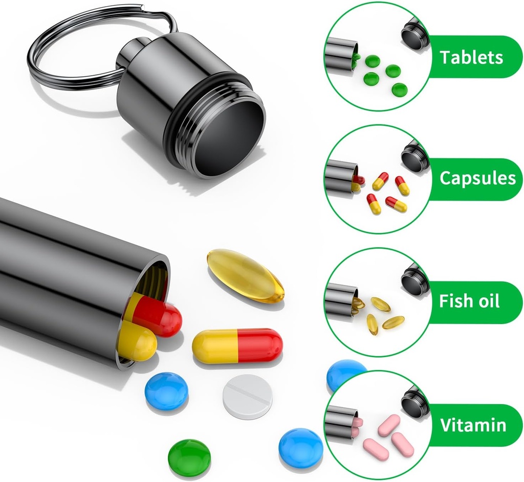 Small Pill Box,(2 Pack) Keychain Pill Holder Portable Mini Travel Pill Container Metal Case Bottle with Keyring 5