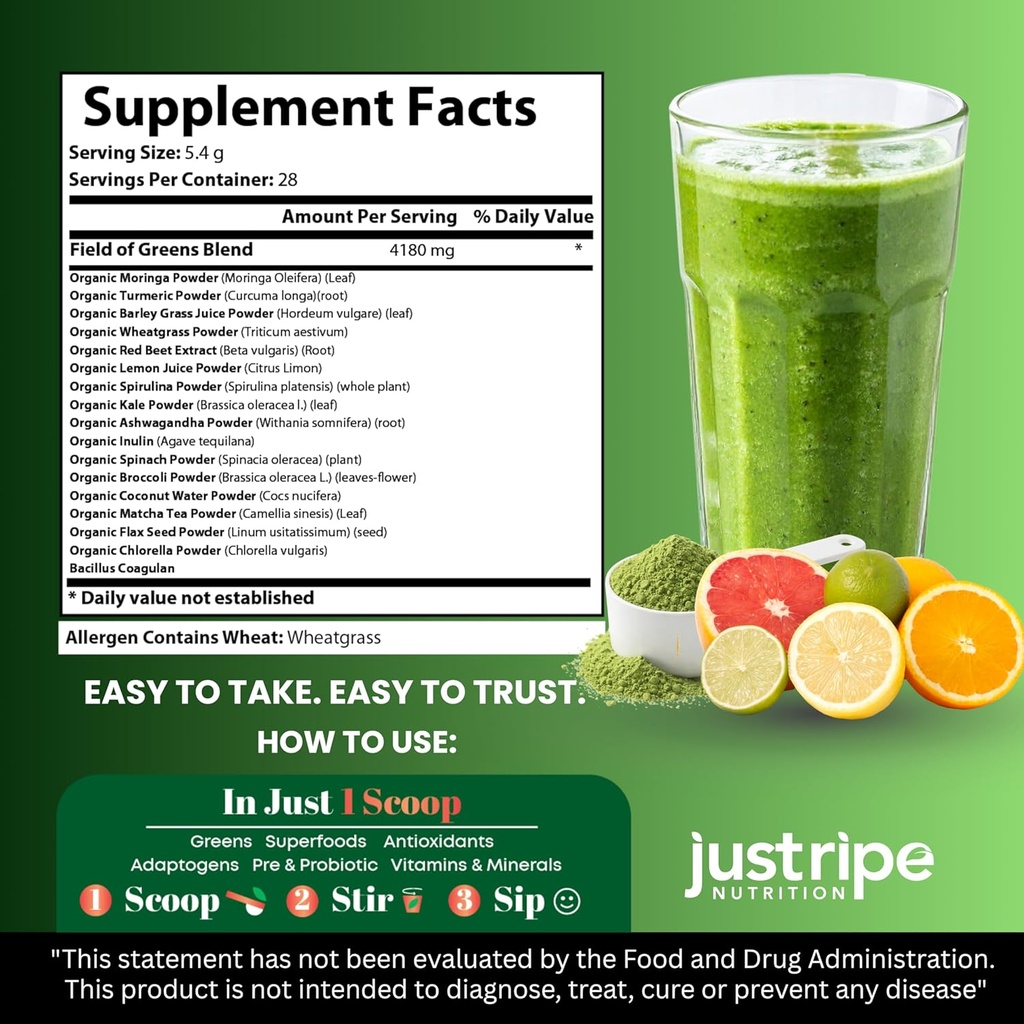 Field of Greens Superfood Powder with Organic Spirulina, Chlorella, Beet Root Powder - Bacillus Coagulans Probiotic, A Plant-Based Mix Supporting Gut Health, Immunity, Bloom into Health, 28 Scoops (1) 3