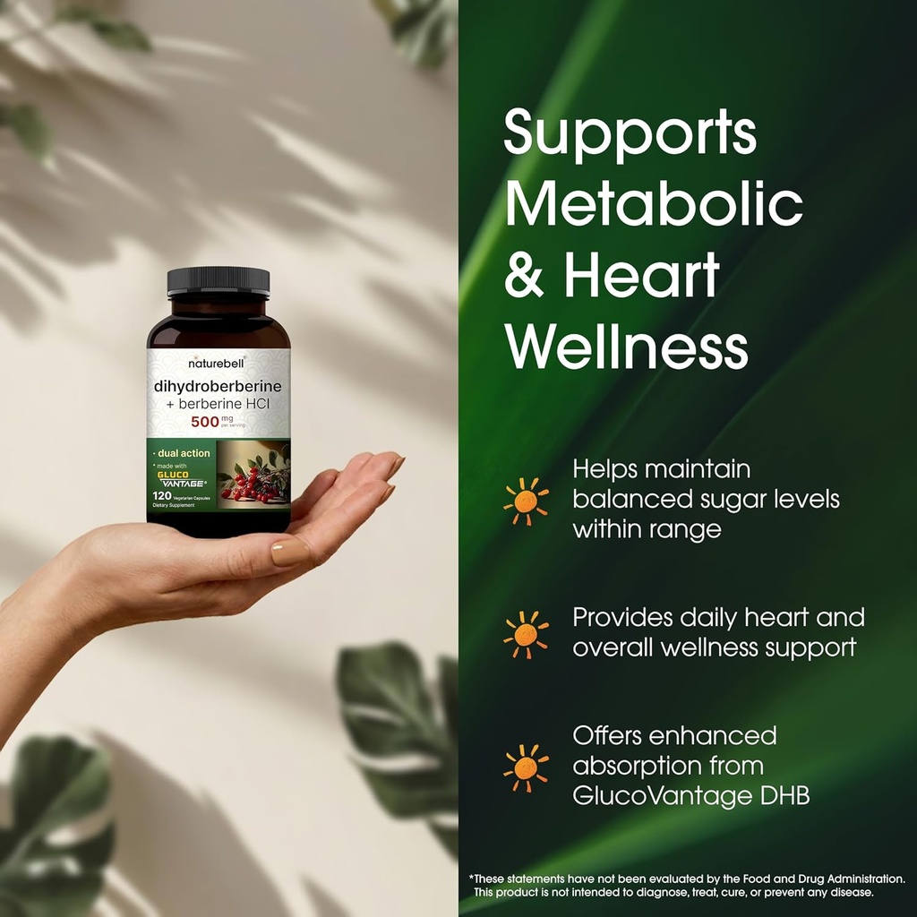NatureBell Dihydroberberine with Berberine HCl 500mg, 120 Veggie Capsules | 5X Better Absorbed with GlucoVantage | Supports Balanced Sugar Levels & Heart Health | Vegan, Non-GMO 5