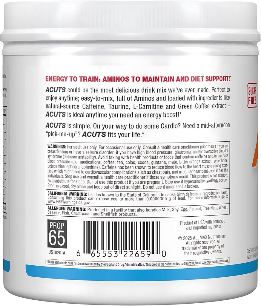 ALLMAX Nutrition AMINOCUTS (ACUTS), Amino-Charged Energy Drink with Taurine, L-Carnitine, Green Coffee Bean Extract, Blue Raspberry, 36 Servings 3