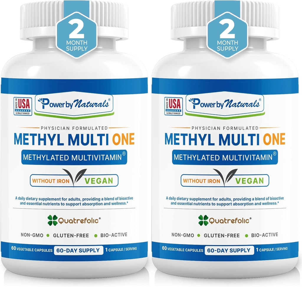 Power By Naturals Methyl Multi One – Iron-Free Methylated Multivitamin for Men & Women with B12 Methylcobalamin, P5P, Folate (5-MTHF), CoQ10 & Zinc for Energy & MTHFR Support, 60 Capsules (2-PK) 2
