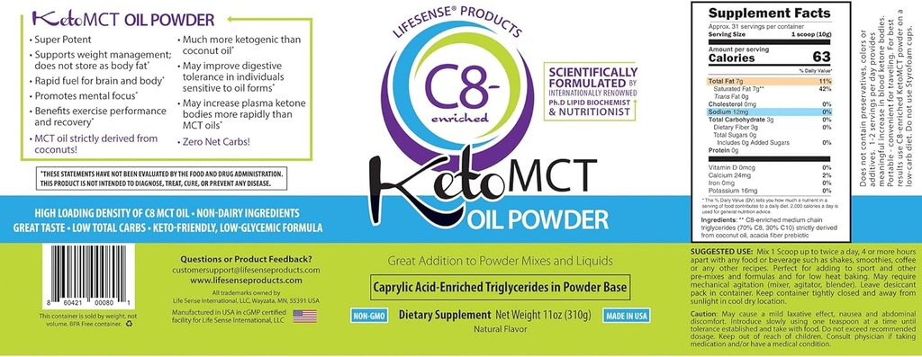 LifeSense C8 enriched MCT Oil Powder Unflavored Sourced from Coconut Oil, Keto-Friendly, Developed by PhD Nutrition in USA, Optimal Fuel for The Brain and Body 3