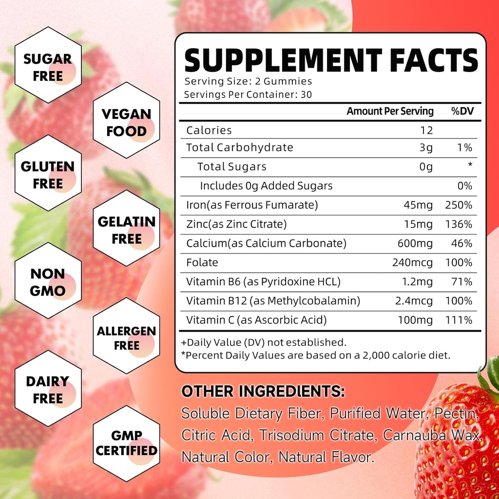 Iron Gummies for Women, Men & Kids, Sugar Free Iron Supplement with Calcium, Zinc, Folate & Vitamin B12, C, B6 - for Blood Building & Energy Support, Anemia, Strawberry, 60 Count 3