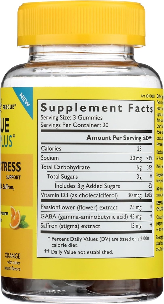 RESCUE Bach Plus Mood & Stress Support Gummies, Daytime Dietary Supplement with Passionflower, GABA, Saffron & Vitamin D, Natural Orange Flavor, Vegan & Gluten-Free, 60 Count 6