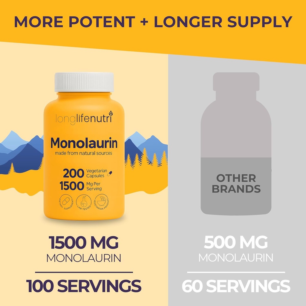 LongLifeNutri Monolaurin 1500mg - Potent Glycerol from Coconut, 200 Vegetarian Capsules, Organic Supplement for Gut Balance & Natural Defense, 100-Day Supply, GMP Certified, Made in USA 4