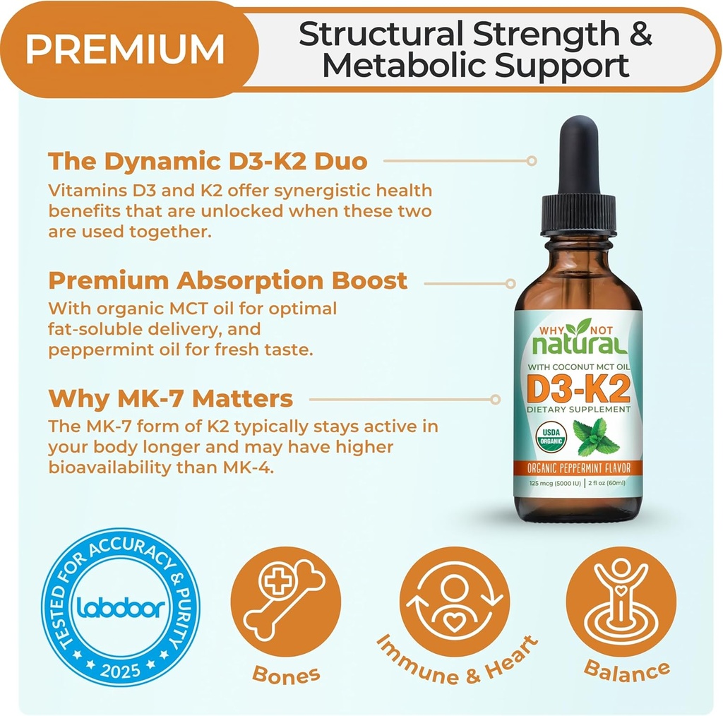 Why Not Natural Organic Vitamin D3 K2 (MK-7) Liquid Drops, 5000 IU of sublingual D3 with Coconut MCT Oil, for Strong Bones and Teeth, Heart and Immune Support 3
