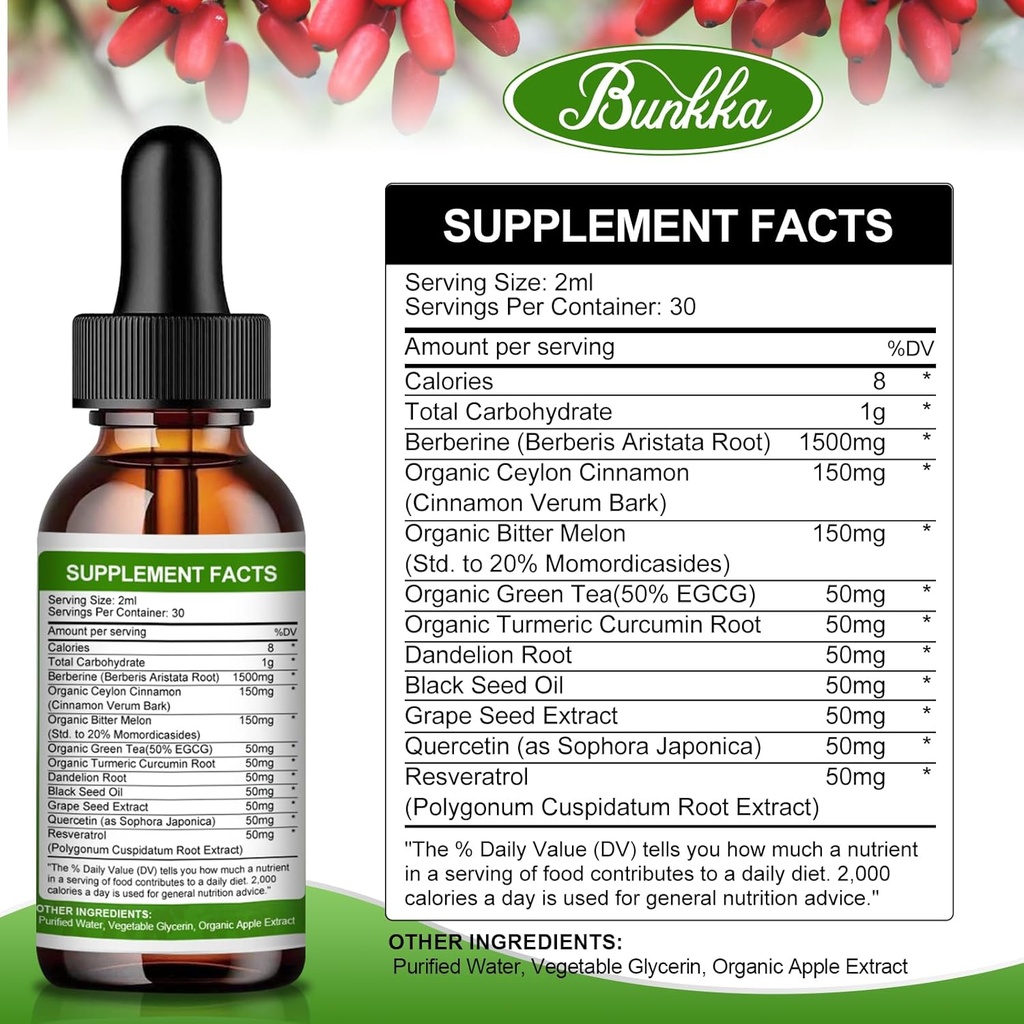 Berberine Supplement 1500mg, Organic Berberine Liquid Drops with Ceylon Cinnamon, Bitter Melon, Sugar-Free & Vegan Supplement Supports Immune System & Gastrointestinal Care - 4 FL Oz 4