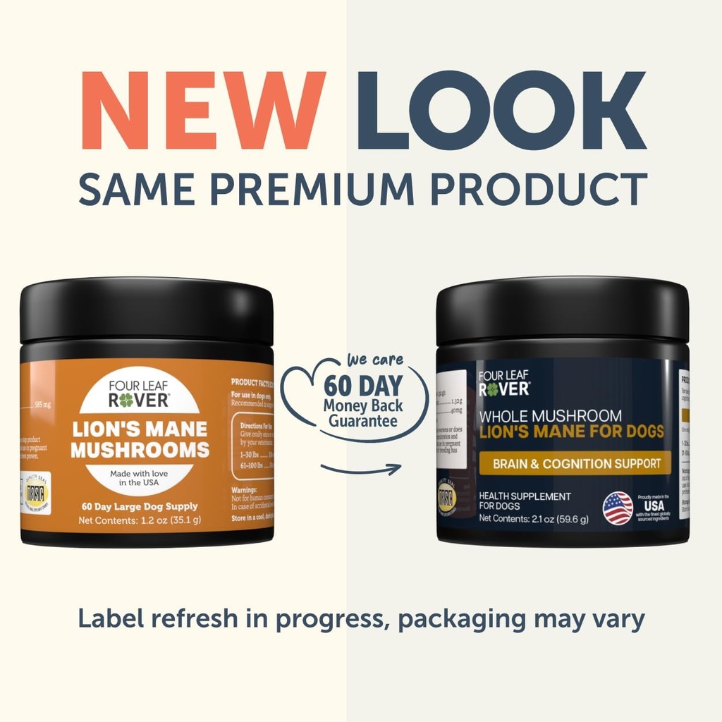 FOUR LEAF ROVER - Lion's Mane Mushrooms for Dogs - Supports Healthy Brains and Nervous Systems in Dogs of All Ages - Organic Whole Mushrooms - 3rd Party Tested - 60 Day Large Dog Supply 3