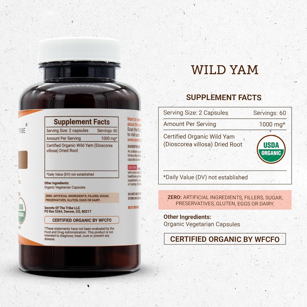 Secrets of the Tribe Wild Yam USDA Organic 120 Capsules | Made with Organic Vegetarian Capsules and Responsibly farmed Wild Yam (Dioscorea Villosa) Dried Root (120 Capsules) 5
