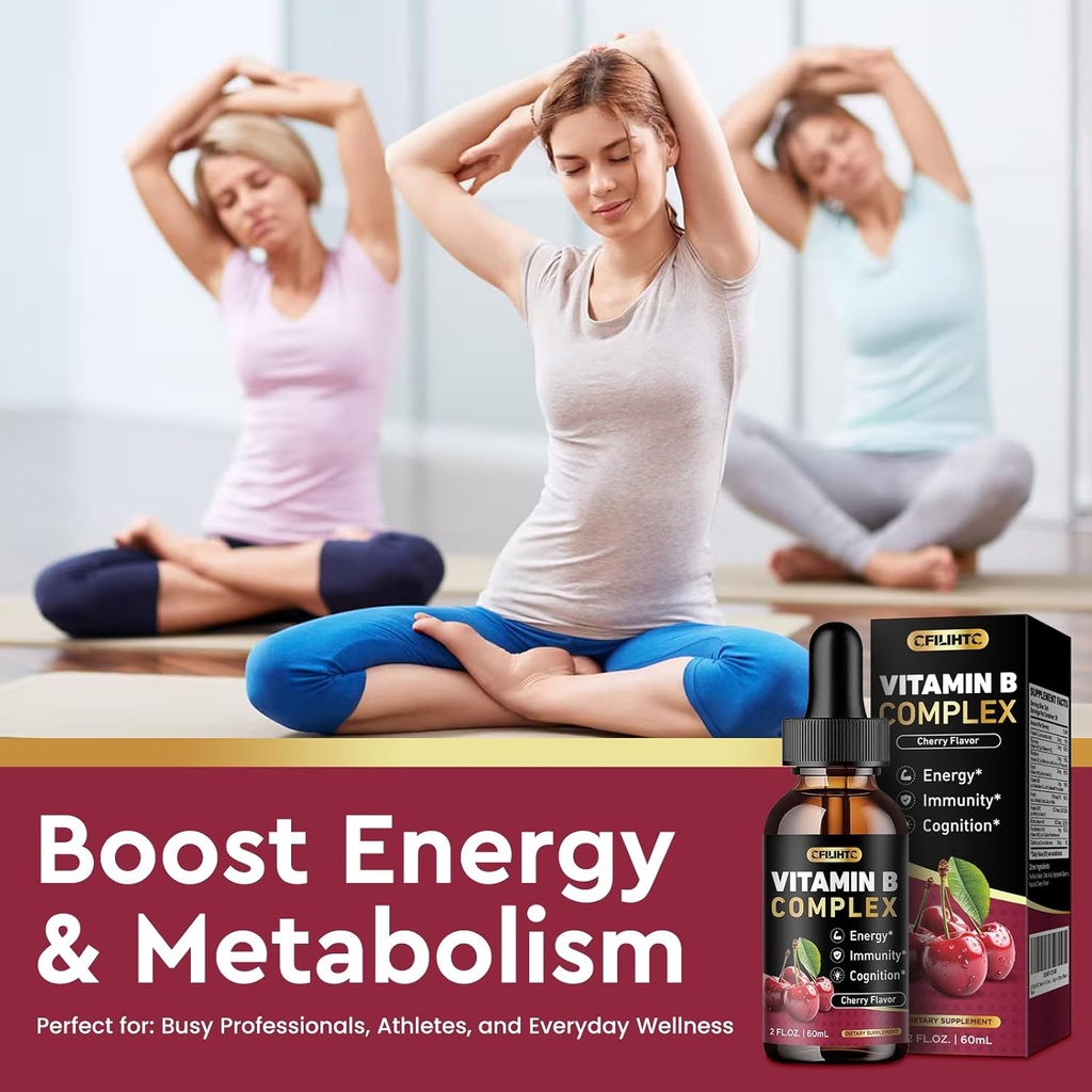 Vitamin B Complex Liquid Drops, B Vitamins Complex Supplement with B1, B2, B3, B5 B6, B7, B9 & Methyl B12 Drops for Adults & Kids, Vegan, Cherry Flavor 6