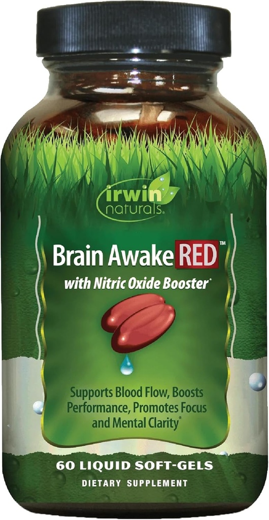 Irwin Naturals Brain Awake RED with Nitric Oxide Booster - 60 Liquid Soft-Gel - Support Brain Health & Optimize Performance - 20 Total Servings 2