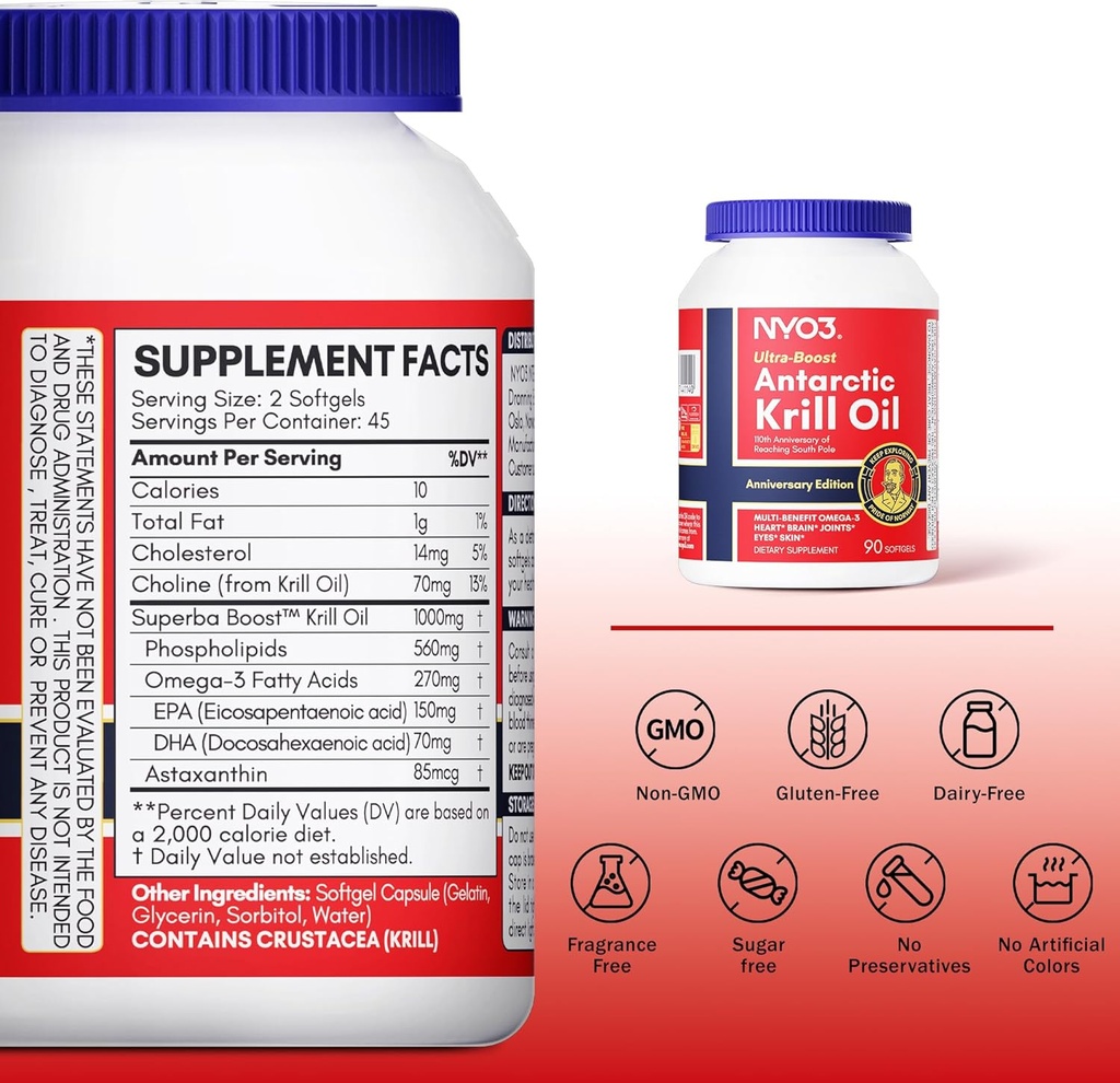NYO3 Krill Oil Omega 3 Supplement 1000mg 90 Softgels EPA & DHA, Pure Antarctic Krill Oil with Astaxanthin and 56% Phospholipids Laboratory Tested 3