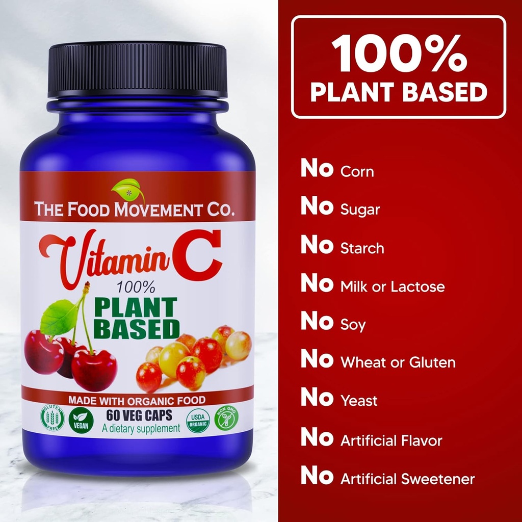 THE FOOD MOVEMENT CO. 100% Plant-Based Vitamin C 60 Capsules 125mg - Adults Immune System Antioxidant Support Dietary Supplement - Whole Food Vegan Supplements from Organic Non-GMO Gluten-Free Fruits 4
