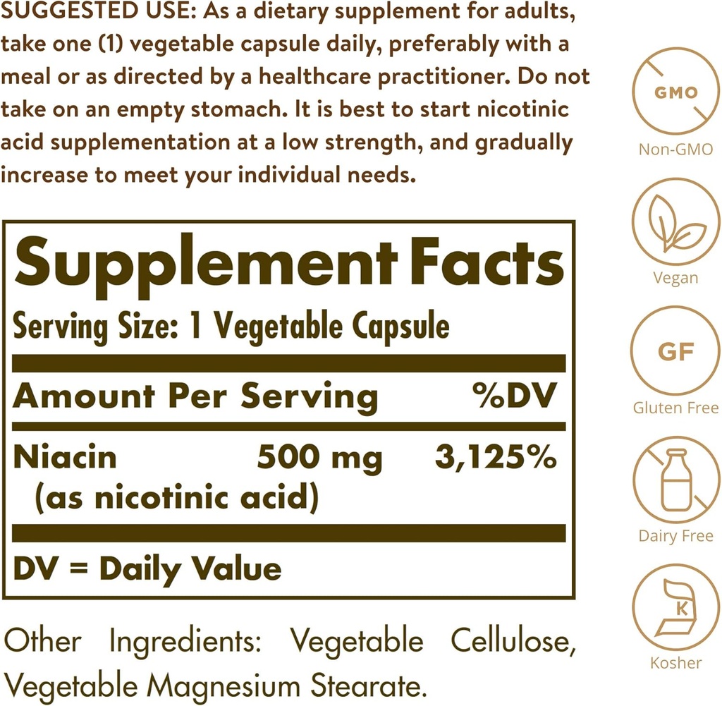 Solgar Niacin (Vitamin B3) 500 mg, 250 Vegetable Capsules - Energy Metabolism - Non-GMO, Vegan, Gluten Free, Dairy Free, Kosher - 250 Servings 3