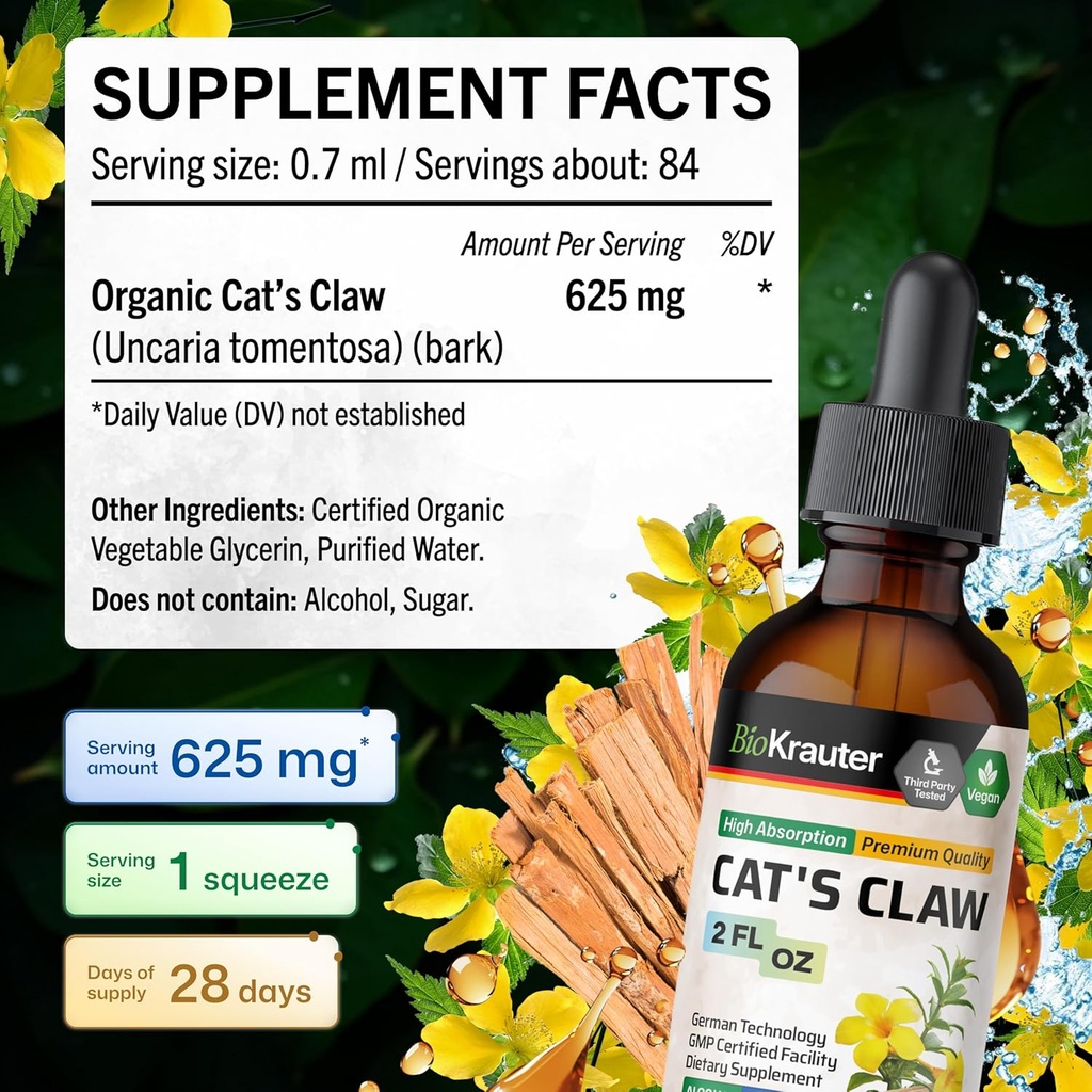 BIO KRAUTER Cats Claw Tincture - Vegan Cat's Claw Supplement - Immune Support - Alcohol & Sugar Free Extract - Vegan Drops 2 Fl.Oz. 4
