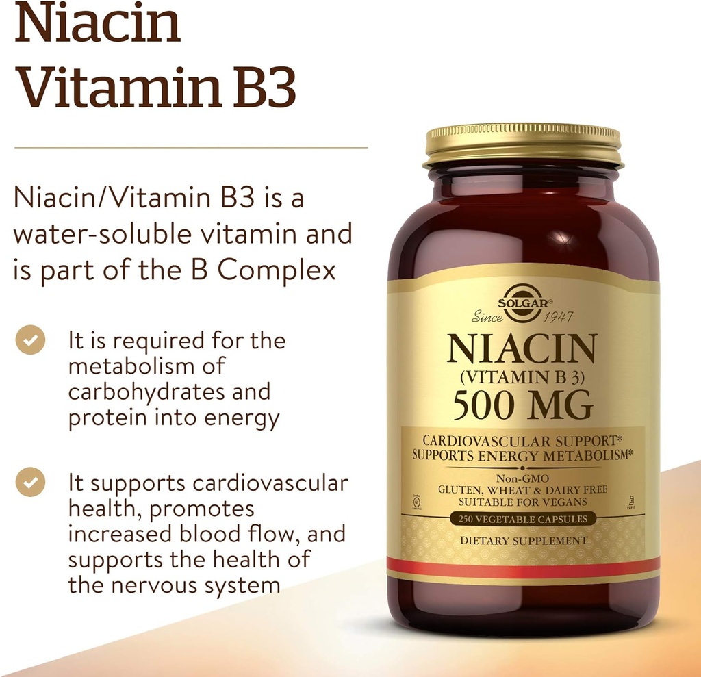 Solgar Niacin (Vitamin B3) 500 mg, 250 Vegetable Capsules - Energy Metabolism - Non-GMO, Vegan, Gluten Free, Dairy Free, Kosher - 250 Servings 4