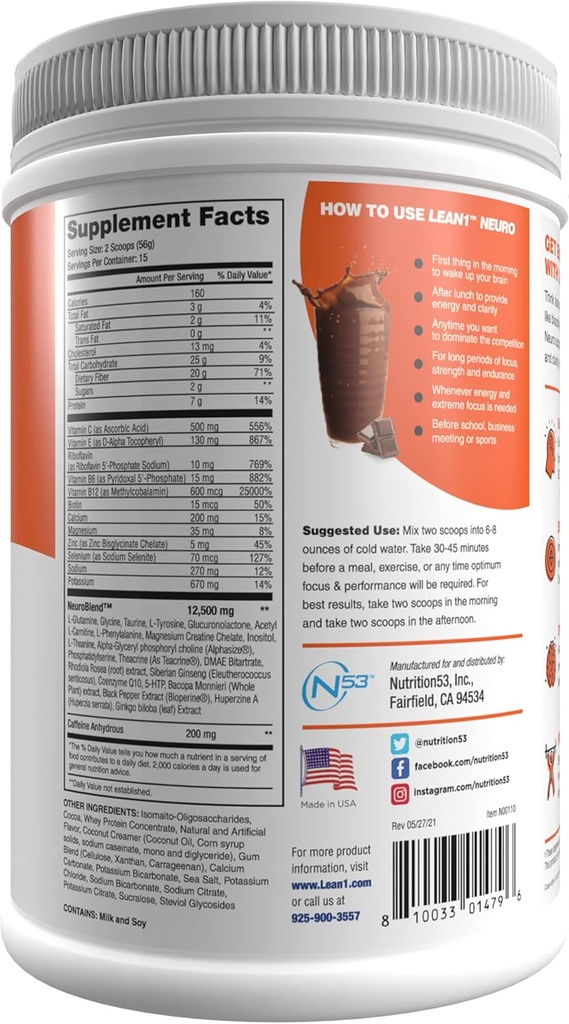 Lean1 Neuro Chocolate, Mental Energy Drink, 15 Serving tub by Nutrition53 3