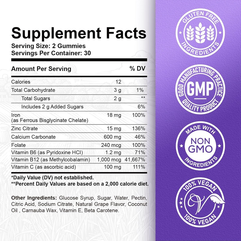 Iron Gummies - with Calcium, Zinc, Folate & Vitamin B12, C, B6 for Adults & Kids - Blood Builder & Energy Support for Iron Deficiency, Anemia, Vegan - 2 Pack Grape Flavour,60 Gummies 3