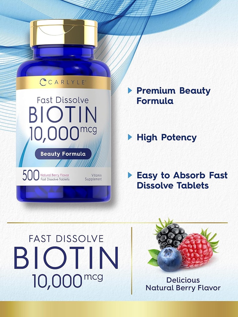 Carlyle Biotin 10000mcg | 500 Fast Dissolve Tablets | Max Strength | Vegetarian, Non-GMO, Gluten Free Supplement 4