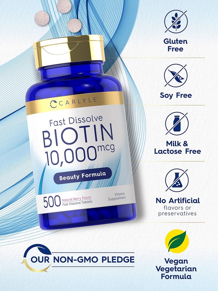Carlyle Biotin 10000mcg | 500 Fast Dissolve Tablets | Max Strength | Vegetarian, Non-GMO, Gluten Free Supplement 5