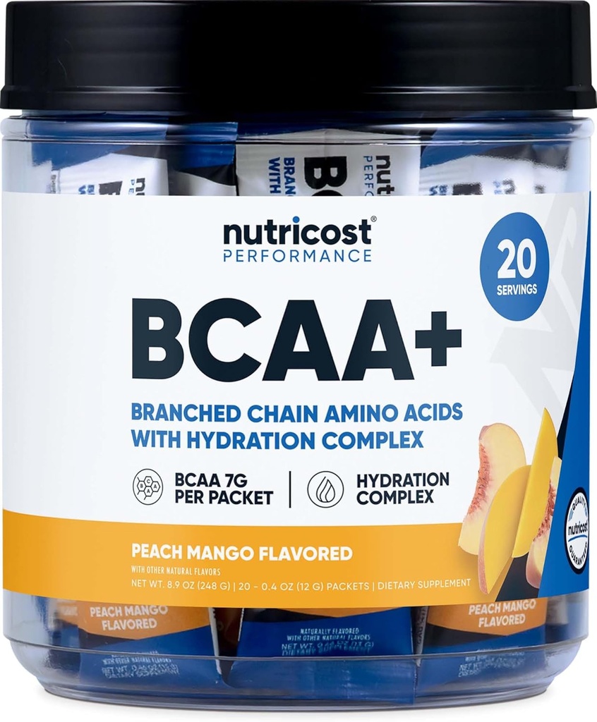 Nutricost BCAA+ Hydration Peach Mango Flavor (20 Stickpacks) - Branched Chain Amino Acids with Hydration Complex - Gluten-Free, Non-GMO 2