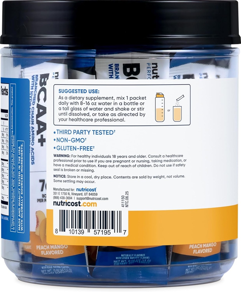 Nutricost BCAA+ Hydration Peach Mango Flavor (20 Stickpacks) - Branched Chain Amino Acids with Hydration Complex - Gluten-Free, Non-GMO 5