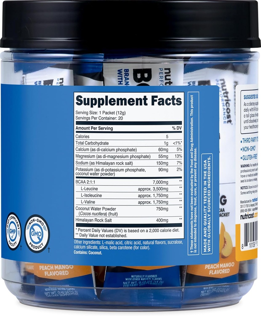 Nutricost BCAA+ Hydration Peach Mango Flavor (20 Stickpacks) - Branched Chain Amino Acids with Hydration Complex - Gluten-Free, Non-GMO 6