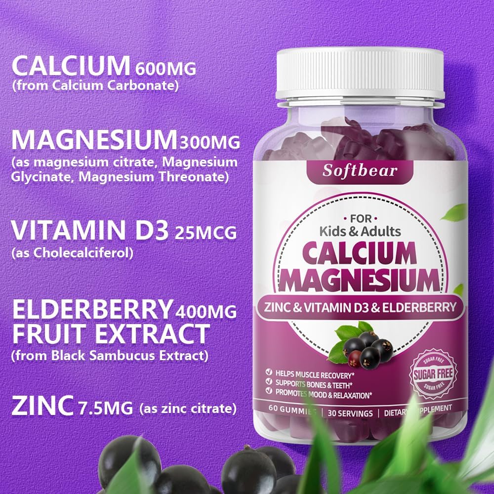 softbear Calcium Magnesium Zinc Gummies for Adult & Kids, Suagr-Free Calcium Magnesium Zinc Vitamin D3 Supplement for Bone Strength & Immune Health, Mango Flavor 120 Count 4