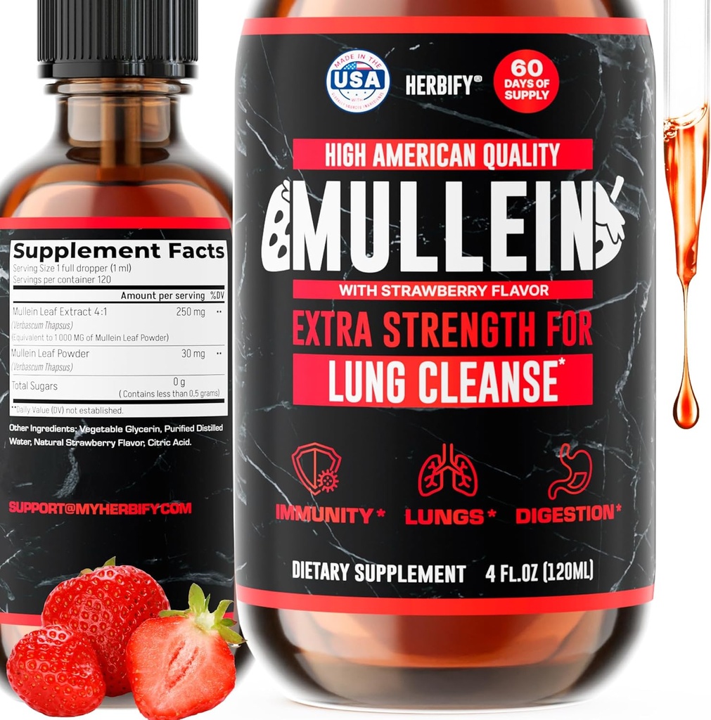 HERBIFY Mullein Drops - Lung Cleanse - Leaf Extract - Powerful Mullein for Immune Support, Detox & Respiratory Support - Made in USA - 4 Oz Strawberry Flavor 2