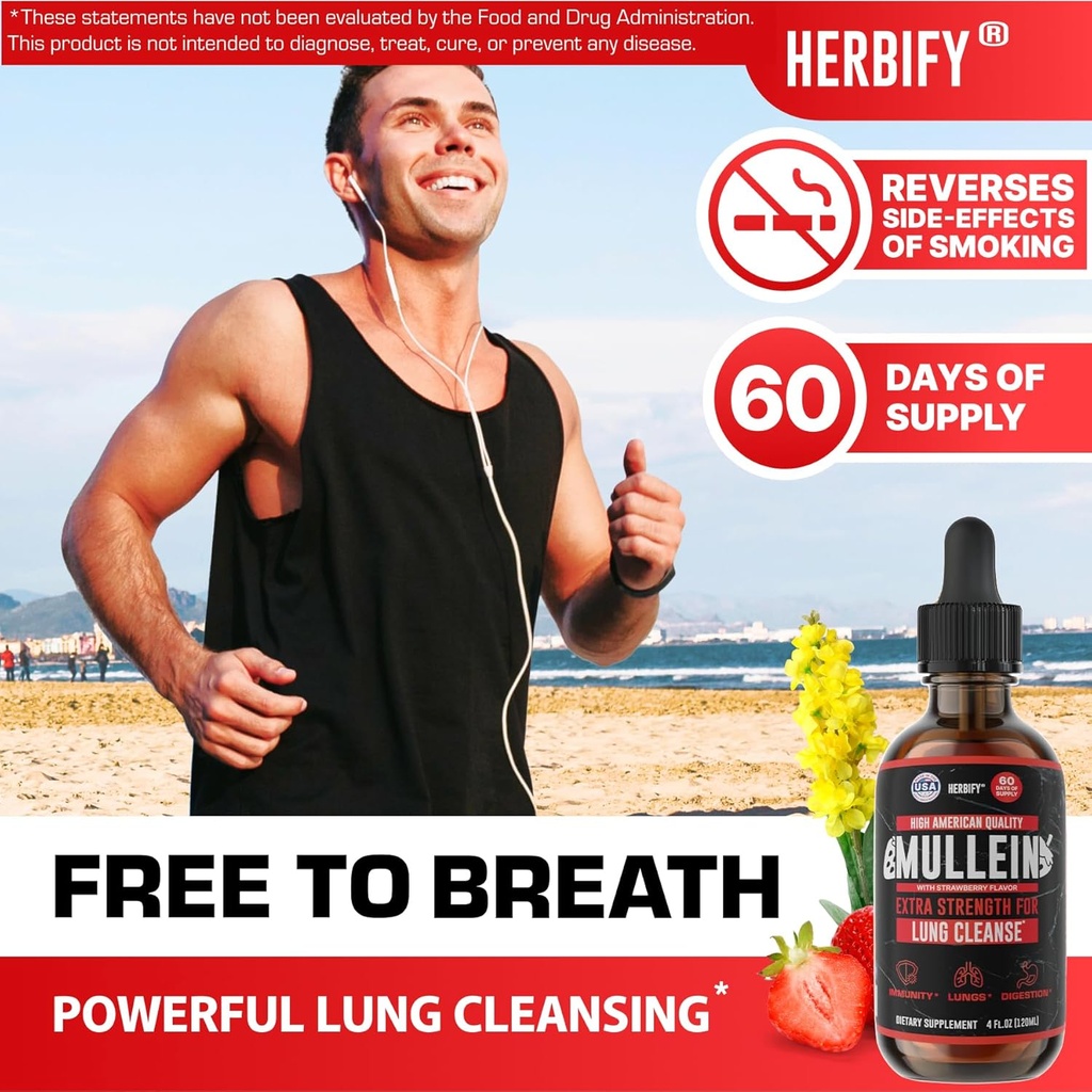 HERBIFY Mullein Drops - Lung Cleanse - Leaf Extract - Powerful Mullein for Immune Support, Detox & Respiratory Support - Made in USA - 4 Oz Strawberry Flavor 3