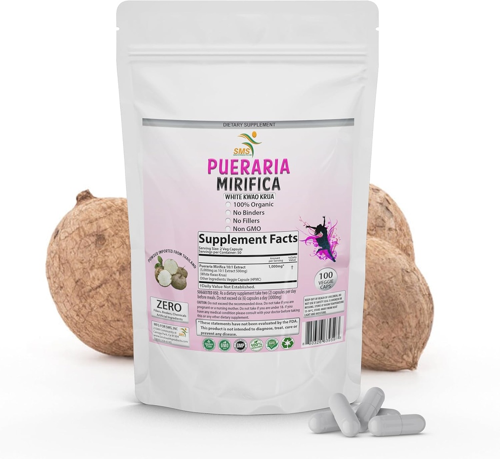 100 Caps Pueraria Mirifica White Extract Powder, 100% 10:1 Potent, Organic, 1,000mg Per Servings, Non GMO from Thailand, Premium Quality, Vegan 2