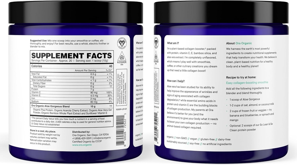 Ora Organic Vegan Collagen-Boosting Powder for Women and Men - Hair, Skin, & Nails Support - Bamboo Silica, Plant-Based Protein, Organic Vitamin C, Aloe Vera - Vanilla Flavor, 20 Servings 5