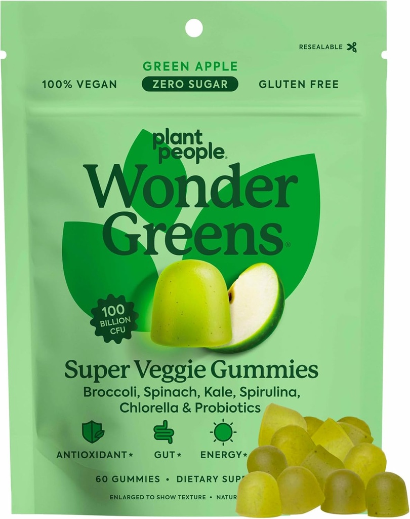 Plant People WonderGreens Veggie Gummies Super Greens with Probiotics Multivitamin Support Gummy for Wellbeing, Energy, Immune and Gut Health, Green Apple Flavor (60 Count) 2