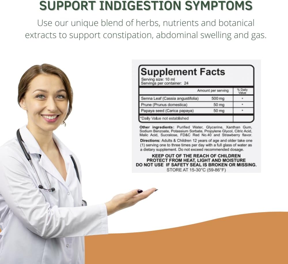 Senna Liquid Laxative for Adults & Kids - Strawberry Flavor, Natural Senna Leaf & Prune - Stool Softener for Constipation Relief - Herbal Syrup for Bowel Support, Digestive Cleanse - 8oz 5