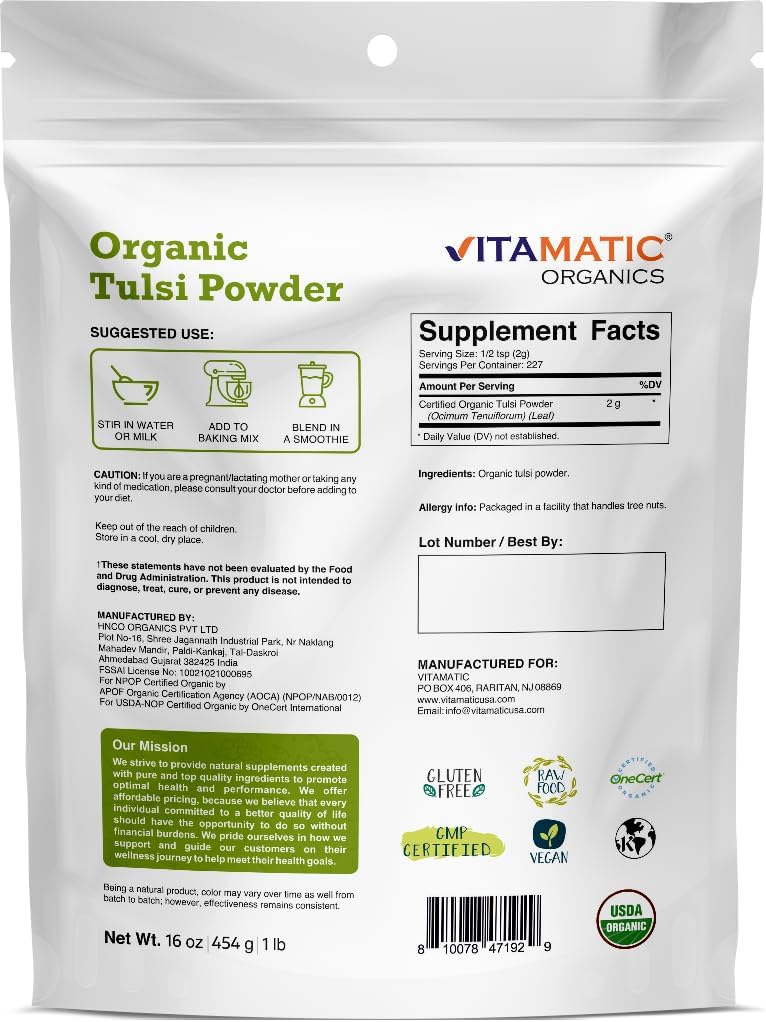 Vitamatic Certified USDA Organic Tulsi (Holy Basil) Powder – 1 Pound (16 Ounces) – Adaptogenic Herb for Stress, Immunity & Overall Wellness 4