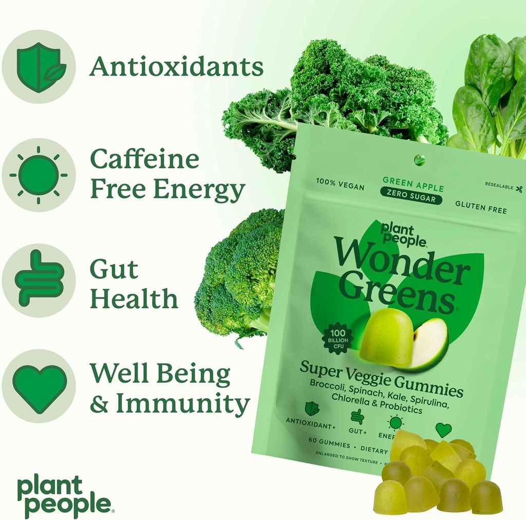 Plant People WonderGreens Veggie Gummies Super Greens with Probiotics Multivitamin Support Gummy for Wellbeing, Energy, Immune and Gut Health, Green Apple Flavor (60 Count) 5