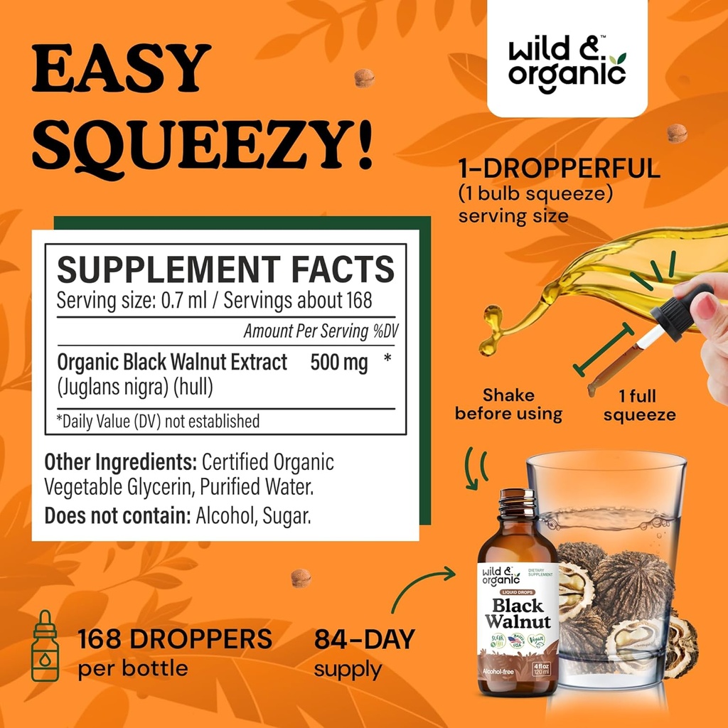 Wild & Organic Black Walnut Tincture - Detox Cleanse w/Black Walnut Hull Extract - Herbal Supplement for Gut Cleanse Detox and Digestive Well-Being - Vegan, Sugar & Alcohol-Free - 4 fl oz 4