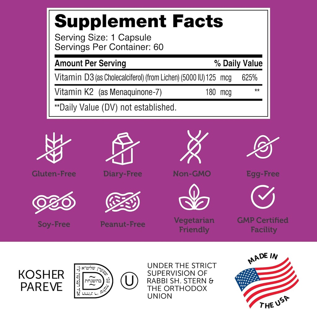 Zahler Vitamin D3 5000 IU K2 - Advanced Vitamin D3 K2 Formula - Bone Density & Calcium Absorption - Kosher Vegetarian MK7 Vitamin K2 D3 Vitamin Supplement - VIT D3 K2, Vitamin D K2 (60 Capsules) 6