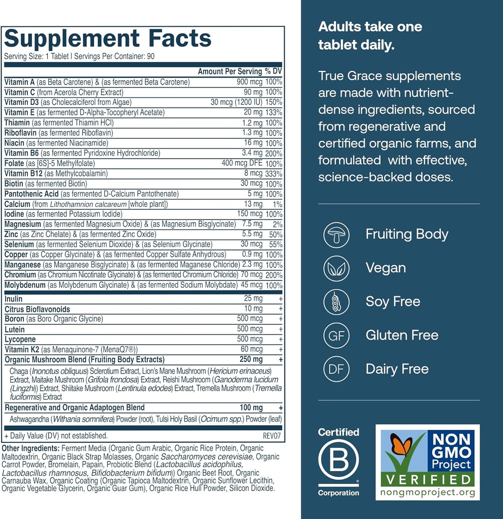 True Grace Men's 40+ One Daily Multivitamin Fermented Minerals, Organic Adaptogens & Mushrooms Whole Body Balance Immune, Endurance, Bone & Heart Support Supplement - Non-GMO - 90 Vegetarian Tablets 3