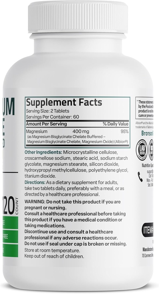 Bronson Magnesium Glycinate 400mg Extra Strength, Vegetarian, Chelated for Absorption Gentle on The Stomach, Non-GMO, 120 Tablets 3