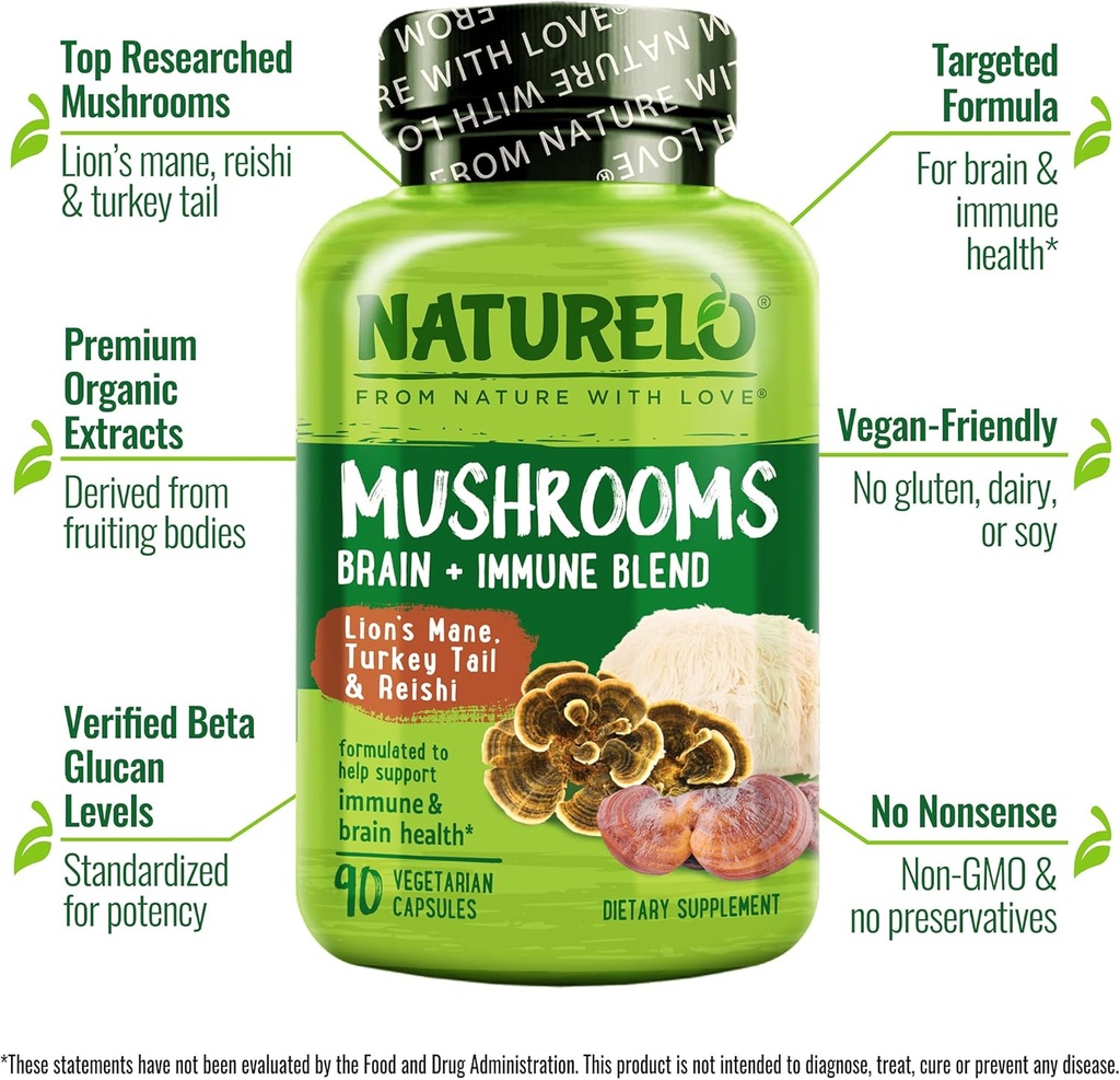 NATURELO Mushroom Supplement – Brain & Immune Health Blend with Lion’s Mane, Reishi, Turkey Tail – 90 Vegan Friendly Capsules (Pack of 2) 5