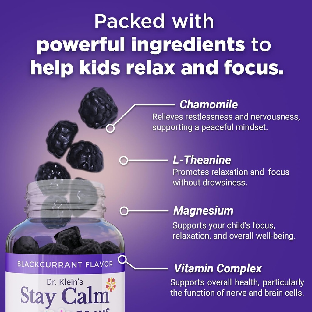 Dr. Klein's Stay Calm Kids Gummies – Magnesium Glycinate + Vitamin A, L-Theanine, Chamomile Extract – Promote Focus & Calm for Ages 5+ – Magnesium Gummies for Kids–Black Currant, Zero Sugar, 60 Count 4