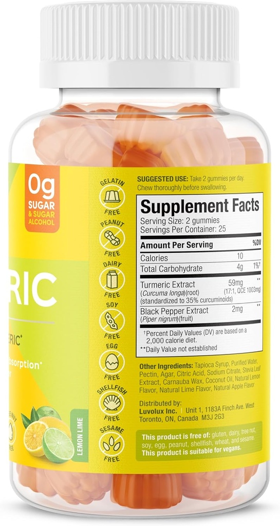 SUKU Turmeric Curcumin Sugar Free Gummies with 1003mg of Turmeric - Black Pepper Protects Liver, Improves Digestion, Inflammation Response & Joint Health – Lemon Lime Flavour (50 Gummies) 3
