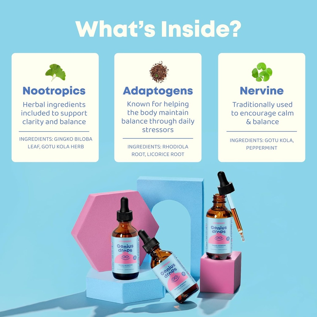 JoySpring Genius Drops - Organic Focus Drops for Kids | Clinically Proven Focus Supplement Helps Kids Perform Better in School | Liquid Herbal Supplement with Ginkgo Biloba (4 fl oz) 120 Servings 3